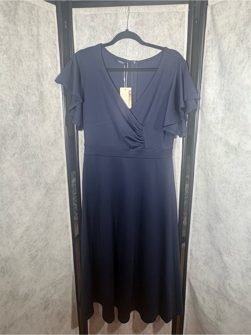 Women's Navy Faux-Wrap A-Line Dress with Flutter Sleeves Dokotoo large new w tag
